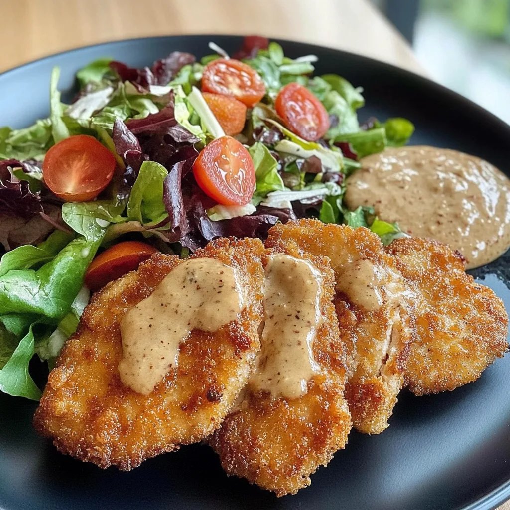 Knuspriges Hähnchenschnitzel mit cremiger Pilzsoße & frischem Salat