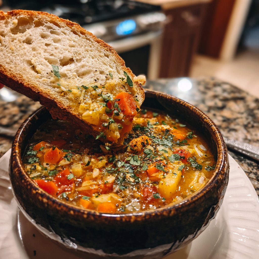 Abendessen mit Suppe und Brot